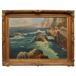 A. LÁMMER - Paisagem Marinha com Costa Rochosa e Mar Agitado. Óleo s/ madeira. 67 x 97 cm (MI). 90 x 120 cm (ME). Moldura em madeira trabalhada e entalhada com acabamento dourado envelhecido. Espólio de Josephina Penteado da Fonseca, SP.