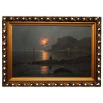 BERTONI FILHO (Madaloni, Itália 1892 - Brasil 1959) - Paisagem Marinha Noturna com Luar refletido na Água. Óleo s/ tela. Ass. cid. 57 x 88 cm (MI). 76 x 107 cm (ME). Moldura em madeira entalhada com imperfeições. Espólio de Josephina Penteado da Fonseca, SP.