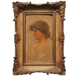 Assinatura não Identificada - Retrato de Perfil de uma Jovem de Cabelo preso. Óleo s/ madeira. Ass. cid. 30 x 17 cm (MI). 43 x 31 cm (ME). Moldura em madeira com acabamento dourado envelhecido. Espólio de Josephina Penteado da Fonseca, SP.