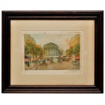 CHARLES BLONDIN (1913 -1991) . Gravura colorida intitulada Paris Street Scene (ou La Madeleine). Ass. cid, Tiragem 470/500. Moldura em madeira escurecida. Blondin ficou amplamente conhecido por capturar a atmosfera vibrante das ruas parisienses ao longo das diferentes estações do ano, utilizando uma paleta suave que destaca o charme e a arquitetura clássica da cidade. Espólio de Josephina Penteado da Fonseca, SP