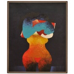 TARO KANEKO (São Paulo / Gália, 1953) - Torso Feminino estilizado contra um fundo escuro. Óleo s/ tela. 91 x 72 cm (MI). 95 x 76 cm (ME). Pintor e arquiteto. Em 1978, forma-se em arquitetura na Faculdade de Arquitetura e Urbanismo da Universidade de São Paulo (FAU/USP), apresentando como trabalho final de graduação uma exposição individual denominada Cores nos Bairros Populares, constituída de pinturas, desenhos, colagens, fotografia