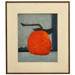 TARO KANEKO (São Paulo / Gália, 1953) - Fruta em tom alaranjado  com um cabo preto bem marcado, sobre fundo em tons de azul. Óleo s/ tela. Ass. e datado 1976, cid. 46 x 38 cm (MI). 68 x 60 cm (ME). Emoldurada com um passe-partout branco e moldura escura. Pintor e arquiteto. Em 1978, forma-se em arquitetura na Faculdade de Arquitetura e Urbanismo da Universidade de São Paulo (FAU/USP), apresentando como trabalho final de graduação uma exposição individual denominada Cores nos Bairros Populares, constituída de pinturas, desenhos, colagens, fotografia