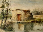 F. MAIA (19121979) - Velho Moinho, Minho  Portugal. Óleo s/ tela. Ass cid. No verso, inscrição manuscrita no chassi: Velho Moinho  Minho  Portugal. Portugal, circa: 195060. 30 x 40 cm. Francisco Maia foi um pintor português ligado à vida artística de Guimarães, destacando-se principalmente pela pintura de paisagens e cenas bucólicas. Durante as décadas de 1950 e 1960, suas paisagens tiveram circulação significativa em Portugal, especialmente na região de Guimarães e integraram diversas coleções particulares.Paisagem rural portuguesa representando um antigo moinho na região do Minho e dama ao lado da casa. A obra apresenta pincelada solta e expressiva, com uma paleta de verdes, ocres e tons terrosos, além de delicados efeitos de luz sobre a arquitetura e a vegetação.