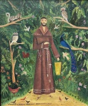 ROSINA BECKER DO VALLE (Rio de Janeiro, 1914  2000) - O Sermão de S. Francisco para as Aves, 1977. Óleo s/ tela. Ass. cie. 60 x 50 cm. A belíssima pintura retrata São Francisco de Assis em um ambiente de floresta densa e verdejante, cercado por diversos animais como pássaros, corujas e um pavão. Rosina Becker do Valle foi uma das mais importantes pintoras naïf brasileiras do século XX, conhecida por sua sensibilidade, pelas cores vibrantes de suas obras e pelo retrato poético da cultura popular, das florestas e da religiosidade brasileira.