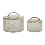 ST JAMES  Conjunto com 2 potes de vidro com tampa de metal. Marca da manufatura no verso da tampa. 16 x 19 cm / 13 x 14 cm.