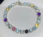 Pulseira Riviera em prata 950 gemas citrino, água marinha, turmalina, ametista natural, com 18 centi