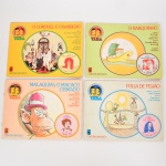 MÚSICA, quatro (4) discos infantis Taba-Histórias e Músicas Brasileiras: Folia de Feijão; Malaquias, o Macaco Cismado; O Barquinho; O Coronel e o Barbeiro, acompanham os livretos, vide foto.