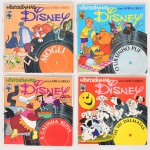 MÚSICA, quatro (4) discos em vinil, alguns coloridos, todos com Historinhas Disney: A Galinha Ruiva; Mogli; O Ursinho Puf; Os 101 Dálmatas, acompanham os livretos, vide foto.