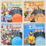 MÚSICA, quatro (4) discos em vinil, alguns coloridos, todos com Historinhas Disney: A Corrida dos Bichos; O Carro Que Falava; A Dama e o Vagabundo; Branca de Neve, acompanham os livretos, vide foto.