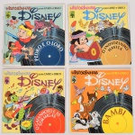 MÚSICA, quatro (4) discos em vinil, alguns coloridos, todos com Historinhas Disney: O Gafanhoto e as Formigas; Bambi; O Indiozinho Havita; Pedro e o Lobo, acompanham os livretos, vide foto.