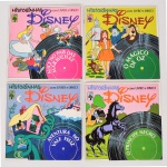 MÚSICA, quatro (4) discos em vinil, alguns coloridos, todos com Historinhas Disney: O Príncipe Negro; O Mágico de Oz; Alice no Pais das Maravilhas; Aventura no Vale Feliz, acompanham os livretos, vide foto.