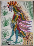 Chico da Silva, Galo, Têmpera sobre tela, 70x48cm, com moldura, necessita de restauro