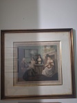 Antiga gravura francesa com cena familiar, 55 x 60 cm