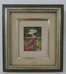 Lindo óleo sobre tela retratando uma dama com seu cavalo no aras. Med. 9 x 12 sem moldura e 31 x 28 cm com moldura.