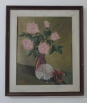 JUREMA - Vaso de Flores com lindas rosas sobre a mesa, fundo amarelo indiano. Ass. e datado  pela artista no CIE. Med. 62 x 69cm