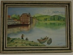 HENRIQUE-" Paisagem com lago",O.S.M.,assinado no canto inferior direito e datado de 1975.Med.41x60cm