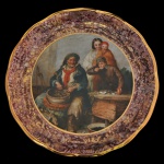 Man Shucking Clams & Oysters w/ Family - Prato em porcelana de manufatura nacional Schmidt. Borda característica com acabamento em ouro e textura marmorizada ou salpicada em tons de marrom e vinho. Marca da manufatura no verso. 28 cm.