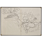 Caricatura em nanquim s/ papel retratando uma sátira política da época, mostrando um navio disparando contra uma figura em uma boia com a frase "Acerta na boia assim ele não volta mais!". Inclui um navio no mar atirando mísseis em direção a uma pessoa flutuando segurando um microfone, com balões de fala e anotações rabiscadas ao fundo. Apresenta característica de charges políticas de meados do século XX. 60 x 83 cm.