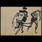 Três Atletas Corredores. Desenho impresso em offset. Apresenta na parte inferior dedicatória com assinatura e data de Dezembro (19)87. 24 x 33 cm.