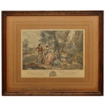 Séc. XVIII - Le Plaisir Pastoral. Gravura francesa a cores, reproduzindo pintura de Watteau e gravada por Tardieux. Com dedicatória para o Marechal de Campo do Rei. 34 x 44 cm (MI). 61 x 70 cm (ME). Manchas no passe-partout. Moldura em madeira.
