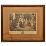 Séc. XVIII - LAmour au Théatre Français. Gravura francesa a cores, reproduzindo pintura de Watteau e gravada por Cochin. Com dedicatória para o Marechal de Campo do Rei. 34 x 44 cm (MI). 60 x 70 cm (ME). Manchas no papel. Moldura em madeira.