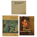 Lote de três publicações importantes dedicadas ao artista espanhol Pablo Picasso, sendo: A) Trata-se do livro Picasso Laureatus de Klaus Gallwitz, focado em suas obras após 1945. A capa é revestida em um clássico tecido de estopa marrom-claro com a icônica assinatura do pintor gravada em destaque. B) Uma edição clássica da monografia de Robert Maillard e Frank Elgar sobre a evolução artística do pintor, exibindo em sua capa uma das famosas representações cubistas de Dora Maar feitas pelo artista. C) Picasso. El nacimiento de un genio escrito por Juan-Eduardo Cirlot. A capa destaca o famoso Autorretrato de 1896, pintado quando Picasso tinha apenas 15 anos