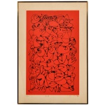 TARO KANEKO (São Paulo / Gália, 1953)  Sobreposições de Figuras. Composição abstratas e expressionistas que utiliza traços pretos contínuos e marcantes sobre fundos cromáticos vermelho criando um emaranhado denso de formas orgânicas, silhuetas e sobreposições de figuras. Ass. e datada 83, cid. Tiragem 24/56. 70 x 50 cm (MI). 71 x 51 cm (ME). A assinatura manuscrita "Kaneko", datada de 83, vem acompanhada de um carimbo vermelho (hanko), indicando uma obra de um artista com ascendência ou influências japonesas daquele ano. Pintor e arquiteto. Em 1978, forma-se em arquitetura na Faculdade de Arquitetura e Urbanismo da Universidade de São Paulo (FAU/USP), apresentando como trabalho final de graduação uma exposição individual denominada Cores nos Bairros Populares, constituída de pinturas, desenhos, colagens, fotografia