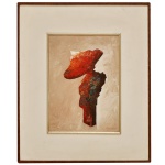 TARO KANEKO (São Paulo / Gália, 1953)  Composição Abstrata em tons de vermelho e escuro sobre fundo claro. Óleo s/ tela. Ass cid. 33 x 24 cm (MI). 54 x 46 cm (ME). Emoldurada com passe-partout branco e moldura escura. Pintor e arquiteto. Em 1978, forma-se em arquitetura na Faculdade de Arquitetura e Urbanismo da Universidade de São Paulo (FAU/USP), apresentando como trabalho final de graduação uma exposição individual denominada Cores nos Bairros Populares, constituída de pinturas, desenhos, colagens, fotografia
