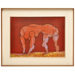 TARO KANEKO (São Paulo / Gália, 1953) - Figura humana estilizada em posição curvada. Óleo s/ tela. Ass. cid. 51 x 66 cm (MI). 71 x 86 cm (ME). A composição foca no movimento e na sinuosidade de um corpo estilizado. Emoldurada com paspatur branco e moldura em tom de madeira. Pintor e arquiteto. Em 1978, forma-se em arquitetura na Faculdade de Arquitetura e Urbanismo da Universidade de São Paulo (FAU/USP), apresentando como trabalho final de graduação uma exposição individual denominada Cores nos Bairros Populares, constituída de pinturas, desenhos, colagens, fotografia