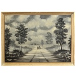 Paisagem em tons monocromáticos retratando uma estrada de terra que avança em direção ao fundo, ladeada por árvores e sob um céu nublado. Pintura decorativa de paisagem rural em estilo acadêmico simplificado. Perspectiva centralizada em uma estrada com pegadas ou marcas de carroças ,árvores de folhagem densa nas laterais e uma pequena construção ao fundo. Ass. não identificada cie. Óleo s/ eucatex. 57 x 79 cm (MI). 65 x 86 cm (ME). Emoldurado em madeira de tom claro com perfil simples.