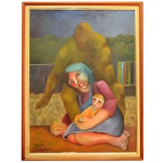 DIVINA GARCIA. Maternidade - Figura Feminina sentada segurando uma criança no colo, com pinceladas expressivas e tons terrosos. Óleo s/ tela. 80 x 60 cm (MI). 90 x 70 cm (ME). Moldura em madeira com filete interno claro.