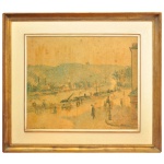 C. PISSARRO. Paisagem Urbana com Figuras Humanas. Em tons pastéis e amareladas. Óleo s/ eucatex. Ass. e datado 1883, cie. 50 x 60 cm (MI). 76 x 84 cm (ME).