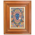 J. M. ABREU - Bumba meu Boi , 1979 - Óleo s/ eucatex. 30 x 20 cm (MI). 61 x 41 cm (ME). Obra de arte colorida de estilo ritualístico, com padrões geométricos e centrais em tons de azul, vermelho e amarelo. Óleo s/ eucatex. 30 x 20 cm (MI). 61 x 41 cm (ME). Moldura em madeira trabalhada com perfil em relevo e acabamento envernizado, com passe-partout claro.