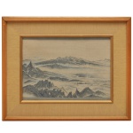 Painel decorativo oriental bordado em tecido. Apresenta um motivo central em tons claros com uma borda geométrica decorativa em azul e emolduramento em tecido com aspecto de linho. 30 x 27 cm (MI). 40 x 35 cm (ME). Marcas do tempo.