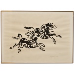 KONG FANG CHEN (Tung Cheng, China 1931 - São Paulo, 2012) - Cavalos em um galope dinâmico. Tiragem 15/39. Ass. e datado 90. cid. 50 x 70 cm (MI). 51 x 71 cm (ME). Pintor, desenhista, gravador e professor. Estuda sumiê e aquarela na China em 1945.