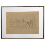 DJANIRA DA MOTTA E SILVA (1914-1979)  Vista de Ouro Preto. Desenho a lápis. Assinada sobre o desenho na parte inferior e datada de (19)57. 33 x 47 cm (MI). 48 x 63 cm (ME). Manchas no papel. Moldura em metal.
