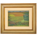 EMIDIO CARVALHO (1925)  Campos do Tietê. Óleo s/ tela.  Ass. e datado (19)92, cie. Verso com assinatura, título da obra, localização SP e data de (19)93. 34 x 44 cm (MI). 60 x 68 cm (ME). Moldura em madeira.
