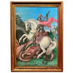 Obra decorativo de São Jorge Guerreiro Lutando com o Dragão. Óleo s/ eucatex. 67 x 46 cm (MI). 80 x 58 cm (ME). Moldura em madeira com um acabamento dourado.