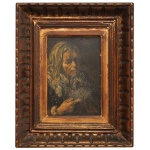 GEORGES DELFOSSE (1869-1939) - Escola Canadense. Retrato de Senhora. Óleo s/ madeira. Ass. cid. 24 x 17 cm (MI). 40 x 33 cm (ME). Danos na pintura, necessita restauro. NO ESTADO.  Moldura em madeira lavrada.