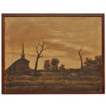 Assinatura Ilegível - Escola Europeia - Paisagem Rural com Igreja. Óleo s/ tela. Ass. cie. 32 x 42 cm (MI). 35 x 44 cm (ME). No verso, selo da Galeria Vendome em São Paulo. Moldura em madeira lisa. Tela com avarias, precisando de restauro. NO ESTADO.