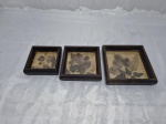 Lote de 3 quadros decorativos com moldura em madeira. Medindo a maior 14cm x 14cm.