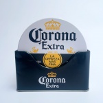 Colecionismo: Raro conjunto de porta copos (6) da cerveja mexicana Corona, todo em aço litografado e base em cortiça, acondicionado em case original.