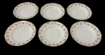 Mauá. Seis pratos fundos em porcelana nacional branca, decorada com rosas e folhagens, intercaladas por arabescos e filetes dourados. Medidas: 4 x 23 cm.