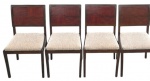 Conjunto de quatro cadeiras modernas em madeira, com encostos retangulares de painéis com composição geométrica, assentos estofados em tecido bege e pernas retas. Medidas: 90 x 50 x 48 cm cada.