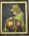 Juan Carlos Larrega -  Pintura sobre tela representando figura masculina com chapéu e poncho. Assinada no canto inferior direito. Moldura em madeira com frisos dourados e faixa interna clara. Apresenta pequenos desgastes na superfície pictórica e na moldura. Medidas: tela 87 x 72 cm; com moldura 107 x 91 cm.