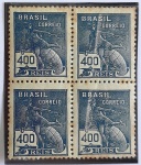 Brasil Quadra com faixa branca no anverso e decalque diagonal no verso Vovo Mercúrio RHM 0223 Nova
