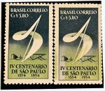 Brasil 2 selos, normal e com deslocamento da cor verde 4º Centenário de São Paulo (1953) RHM C0295 Novos sem goma