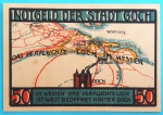 Alemanha (Goch), 1922. Cédula de emergência (Notgeld) de 50 Pfennig, emitida em 1º de janeiro de 1922 pelo conselho municipal da histórica cidade de Goch, na região do Baixo Reno. O anverso apresenta uma magnífica composição em estilo vitral gótico com a imponente fortificação medieval "Steintor" (Portão de Pedra) flanqueada por dois leões heráldicos em fundo azul. O reverso traz uma interessante carga cartográfica e satírica com um mapa geopolítico que aponta as cidades de Paris, Bruxelas e Amsterdã, destacando a frase de forte protesto territorial pós-Tratado de Versalhes: "Das verfluchte Loch im Westen" (O maldito buraco no oeste), em alusão à perda de controle econômico e fronteiriço. Um exemplar de excepcional riqueza histórica, artística e de cunho político do período de Weimar, ilustrado por Johannes Arndt e impresso pela tradicional tipografia de Jena.