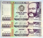 Peru - 1988 - 5000 Intis - 3 Cédulas Flor de Estampa - P# 137