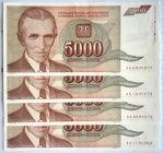 Iugoslávia - 1993 - 5000 Dinares - 4 Cédulas Flor de Estampa - P# 128
